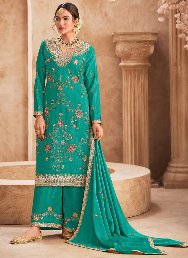 Chinnon Firozi Ceremonial Wear Embroidery Work Readymade Plazzo Suit